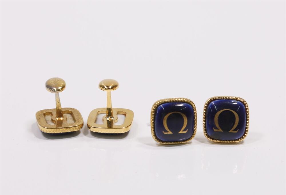 Omega Gold Blue Enamel Logo Cufflinks for Dress Shirt Authentic Lot of 2